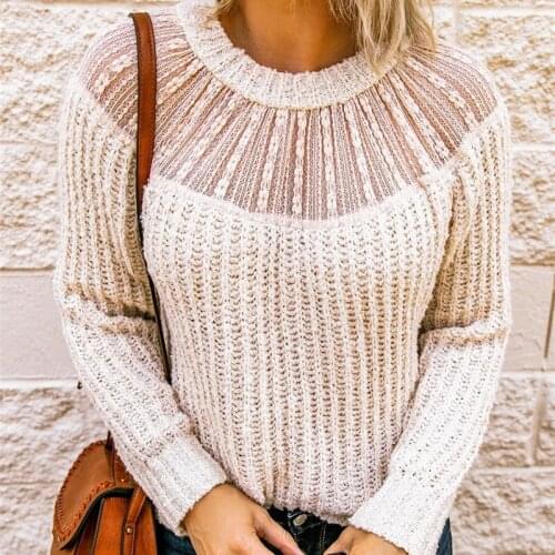Cropped Sweater 2021 New Autumn and Winter Womens Round Neck Lace Stitching Raglan Sleeve Sweater Warm Knited Casual Sweater