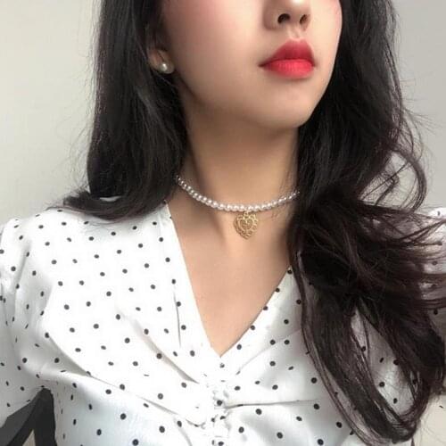 Pearl necklace with Hollow Heart Shaped Cross Pendant Retro Choker for Women Girl female necklet Collar Neck chain