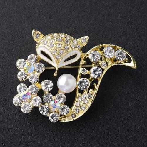 Womens Gold Color Simple Fox Alloy Pearl Crystal Brooch