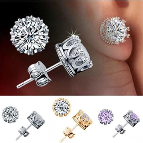 1 Pair Womens Retro Elegant Classical Crown Inlaid White/Gold/Purple AAA Zircon Ear Stud Earrings Fashion Jewelry E0001