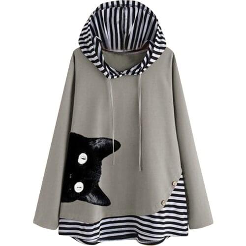 Kawaii Hoodies Women Cat Cartoon Print Tunic Tops Hooded Sweatshirts Striped Patchwork Long Sleeve Party Shirts Bluza Damska
