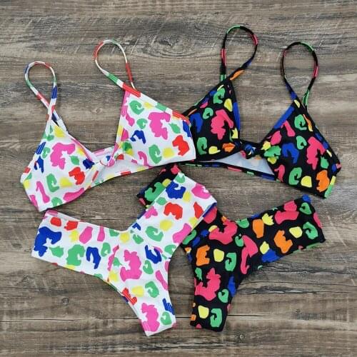 2021 Women Swimsuit Sexy Bikini Ins Printing Sling V Neck Bra Tops Panties Swimwear Two Piece Ladies Swim Bathing Suit