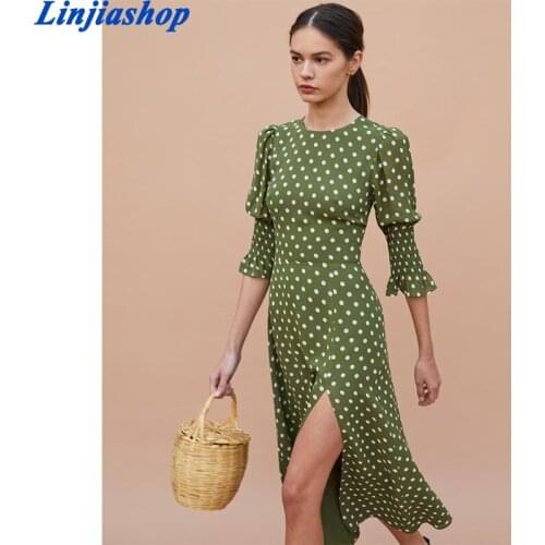 Za Women Polka Dot Dress 2021 Summer O neck Short Sleeve Long Dresses Woman Boho Side Split Casual Elegant Green Dress