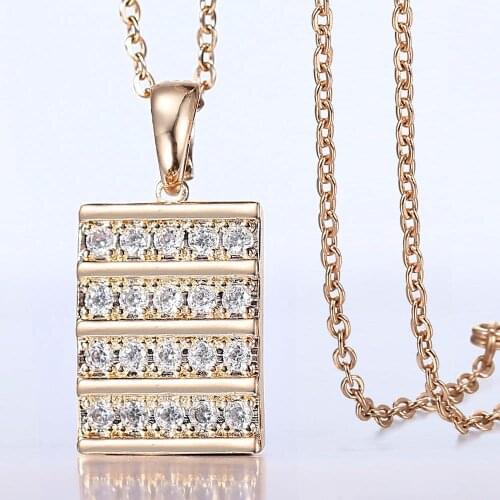 Women Girls 585 Rose Gold Pendant Necklace Cubic Zircon Carved Rectangle Pendant Necklace Female Jewelry Party Gifts HGP414