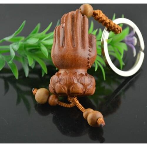 20pcs New Design Jujube Wood Buddha Prayer Hands Carved Keychain Wood Crafts Key ring Keyring