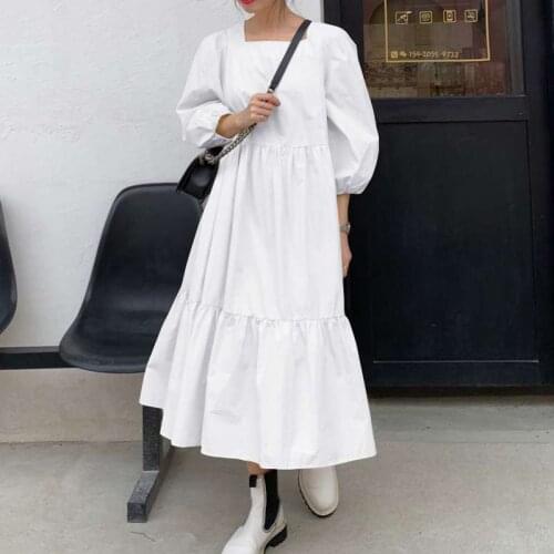 2021 Casual Pleated Long Dress VONDA Stylish Solid Puff Dress Womens Spring Dresses Maxi Vestidos Female Square Neck Sundress