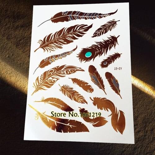 25 Styles Popular Gold Metallic Peacock Feather Temporary Tattoo Waterproof Leaf Tatoo Women Flash Body Art Fake Tattoo Stickers