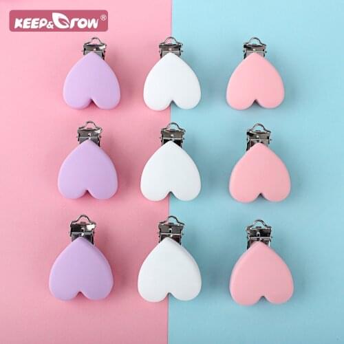 Keep&Grow 3pcs Baby Silicone Teether Clips Heart Shape Baby Oral Care Product Stainless Steel Pacifier Chain Clip Baby Teething