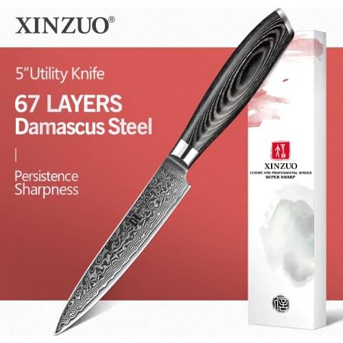 XINZUO 5"inch Utility Knife 67 Layers Japan Handmade Damascus Steel Kitchen Knives Forged Steel Cuterly Knife Pakka Wood Handle