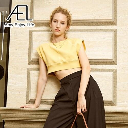 AEL Sleeveless Short T-Shirt Casual Summer Women Cropped Tanks Pullover Top White Light Blue Light Yellow