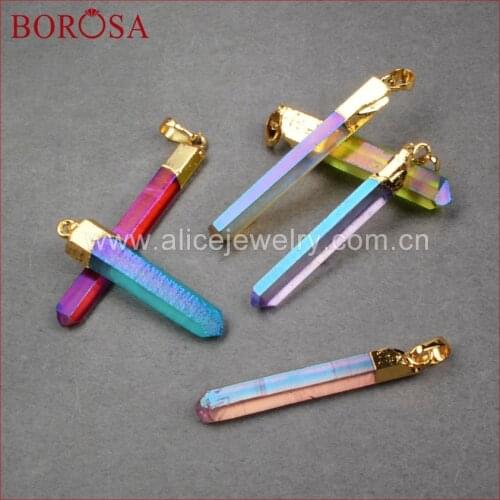 BOROSA Natural Aura Quartz Titanium Crystal Point Pendant Druzy Jewelry Crystal Quartz Stone Bead Gold Pendant G0360