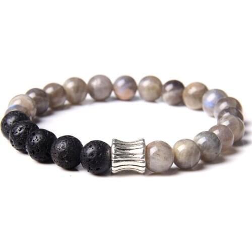 Fashion Natural Stone Shiny Labradorite Beads Bracelet 8mm Black Lava Beaded Energy Charm Bracelet for Women Men Yoga Jewelry
