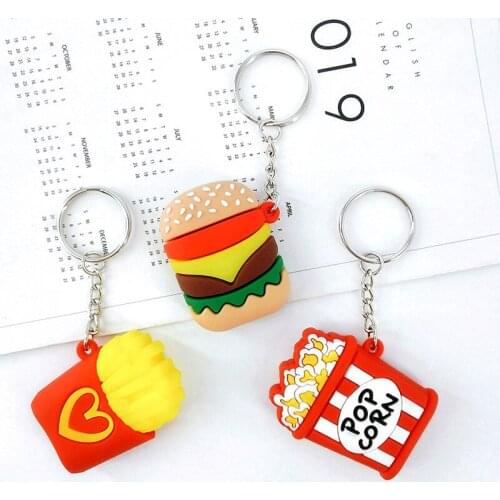 Creative Food Keychain PVC Hamburger Popcorn French Fries Keychains For Women Men Key Chain Car Key Ring Bag Pendant Jewelry