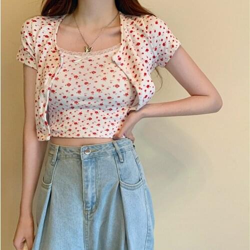 Floral Cami Crop Tops Women 2020 Summer Tops for Sweet Girl Lace Trim Tops Tee Casual Ladies Basic Tees Cotton Womens Clothing