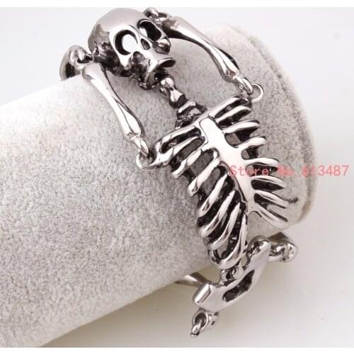 European Halloween Bracelet Punk Skull Skeleton Bracelet For Men Silver Color Stainless Steel Heavy Biker Bangle Jewelry