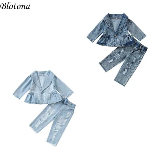 Blotona Kids Spring Autumn 2Pcs Outfits, Denim Lapel Long Sleeves Button Coat +Frayed Ripped Jeans with Belt for Girls, 1-5Years