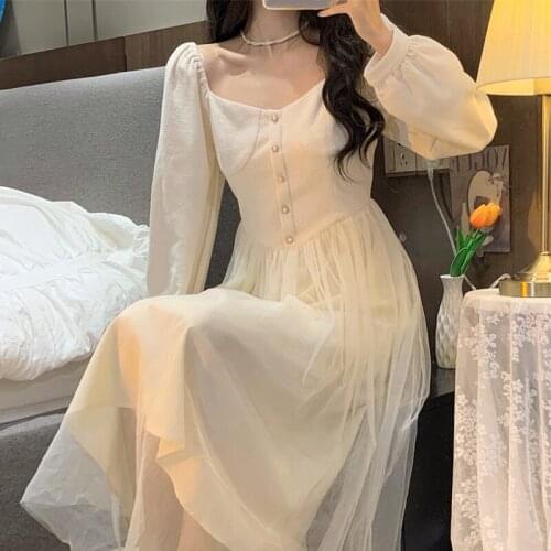 Korean Fashion Elegant Vintage Dress Women Long Sleeve Evening Party Dress Lace Design 2021 Autumn Retro Fairy Dress Lady Chic