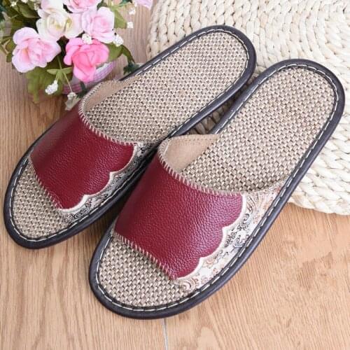 Summer Couples Indoor Slipper Genuine Leather Linen Soft and Comfortable House Slippers Anti-Slip Home Shoes for Men and Women