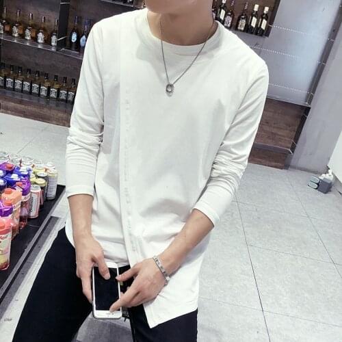 Mens T-shirts Korean edition Mens T-shirts Irregular asymmetrical fake two long-sleeved T-shirts hip hop plus-size tops