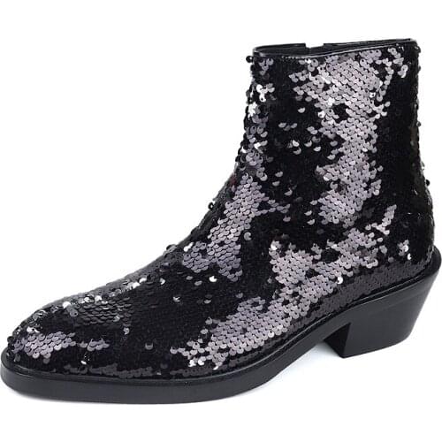 Hot Selling Cow leather Boots Ankle Martin Boots Shoes work Boots High Quality Retro Men Shoes Sequins high heel night show
