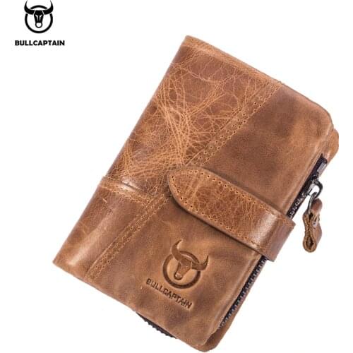 BULLCAPTAIN mens short leather wallet retro casual first layer cowhide multifunctional anti-theft brush drivers license wallet