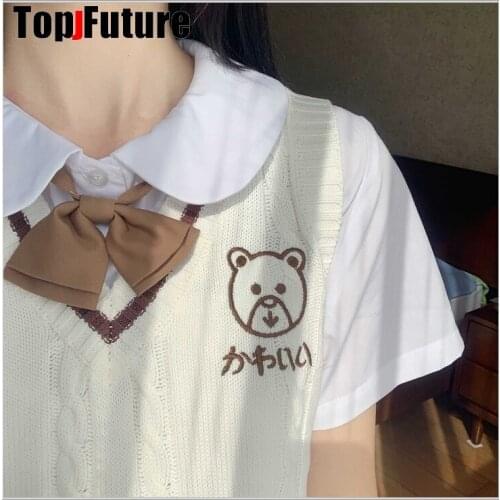 New Japanese JK uniform knitted vest sweater school Uniform Cardigans JK UNIFORM white PANDA embroidery sweater
