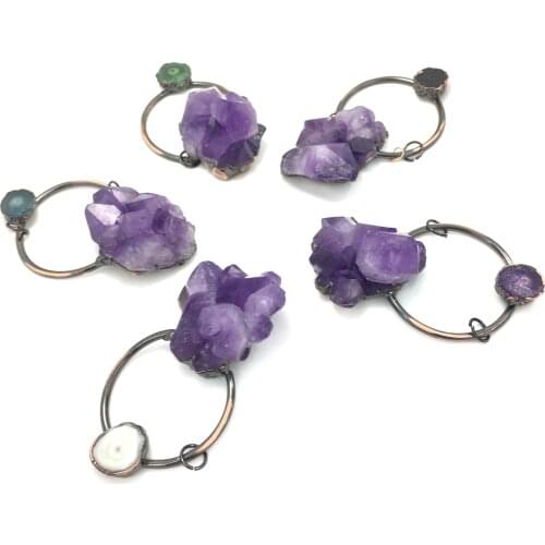 WT-P1600 New Arrilval natural raw a-methyst stone pendant black gun big ring clasp for necklace pendant as gift