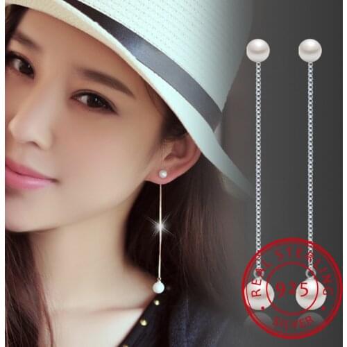 New Arrival!! 925 Sterling Silver Earrings Pearl Balls Long Tassel Chain Stud Earrings boucle d'oreille For Women S-E02