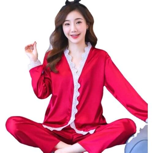 3011-b13 pijamas women Female pantsuit women Ice Silk Suit Long Sleeve silk pajamas Thin Bud Silk Sleeping Home Suit sleepwear