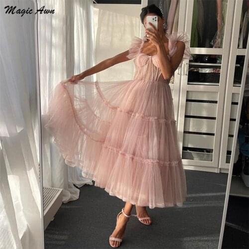Magic Awn Simple Pink Short Prom Dresses Spaghetti Straps Tiered Tulle Tea-Length Wedding Party Dress Evening Wear Robes