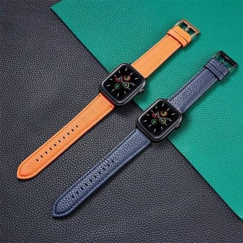New Genuine Leather Watchband for Iwatch Series 6 5 4 3 2 1 44mm 42mm 38mm 40mm Blue Pink Black Strap Lychee Pattern Classic One
