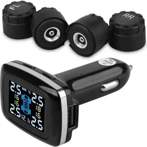 Tire Pressure Monitoring System Wireless TPMS with 4 External Sensors Cigarette Lighter Plug LCD Display