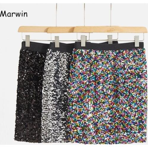 Marwin 2020 New-Coming Spring Solid Sequined Straight Mini Empire High Street Style Women Skirts Party Holiday Skirts