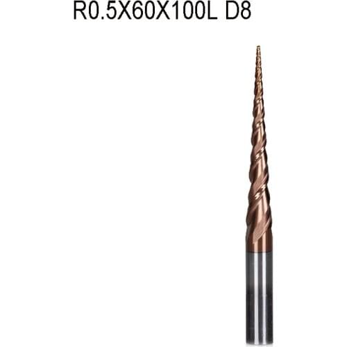 1pc R0.5*D8*60*100L*2F HRC55 Tungsten solid carbide Coated Tapered Ball Nose End Mills cone milling cutter wood knife tools