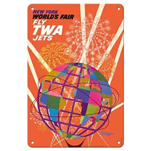 1964 New York World’s Fair - Fly TWA Jets (Trans World Airlines) - Unisphere Globe by David Klein c.1964 Metal Tin Sign