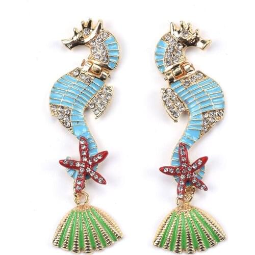 New Design Exaggeration Big Earring for Women Vintage Personality Rhinestone Hippocampus Gold Earring Drop Earring Jewelry