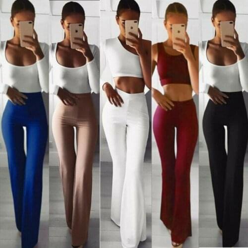 New Casual Retro Women Plain Palazzo Solid High Waist Flare Wide Leg Chic Trousers Slim Long Loose OL Work Pants Plus Size
