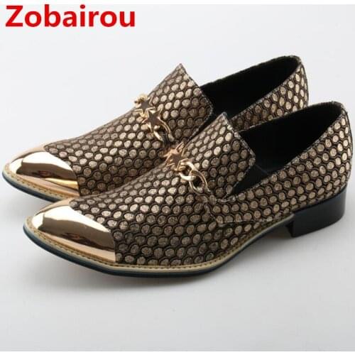 Zobairou european mens dress shoes classic balck spiked loafers gold toe party wedding slipon luxury shoes men sapato social