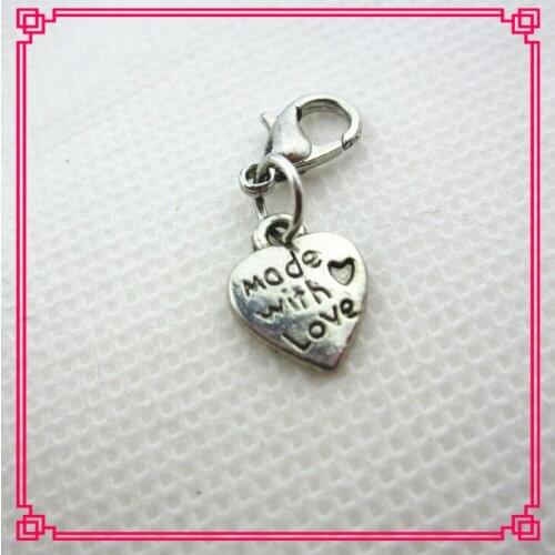 Hot selling 100pcs/lot silver made with love dangle charms lobster clasp charms for floating lockets diy jewelry