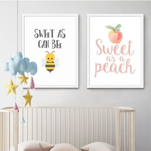Art Canvas Painting Sweet As A Peach Bee Quote Posters and Prints Baby Shower Decoration Watercolor Boy Girl Birthday Party Sign