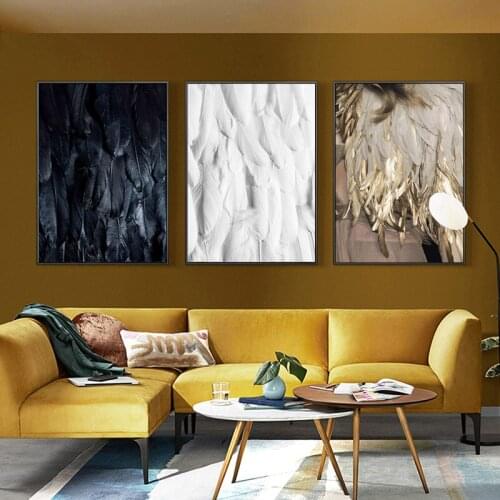 Modern Nordic Abstract Yellow Black White Feather Poster Print Canvas Painting Picture Aisle Home Living Room Wall Decoration