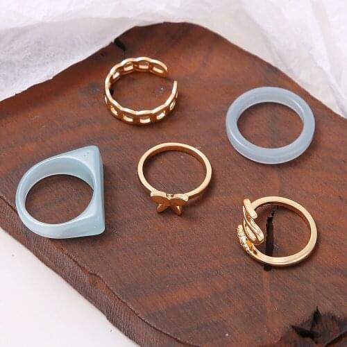 5Pcs Fashion New Round Square Golden Metal Rings For Women Blue Heart Crystal Transparent Resin Butterfly Ring Couple Jewelry