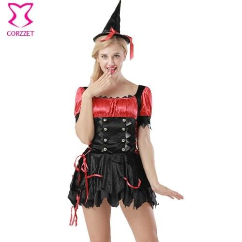 Corzzet Red&Black Sexy Witch Costume Deluxe Adult Womens Magic Moment Costume Adult Witch Halloween Fancy Dress
