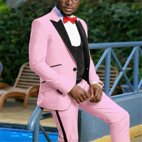 Black Peaked Lapel Pink Groom Wear Blazers 3 Pieces Jacket+Vest+Pants Groomsman Formal Wedding Suits Custom Made Mens Tuxodes