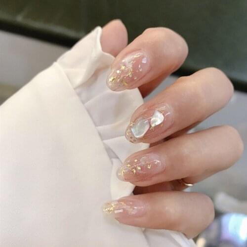 Beautiful pure color with gold foil and shell 3d decorated fake nails Japanese Bride false nails 24pcs with glue full nail tips