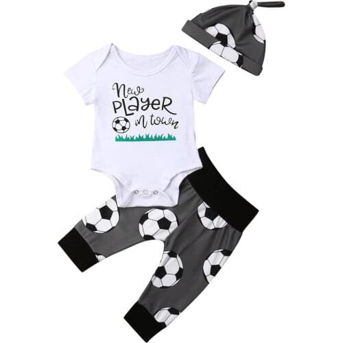 Citgeett Summer 3Pcs Newborn Baby Boy Top Short Sleeves T-shirt Long Pants Kid Outfit Clothes Football Set Hat 0-18M
