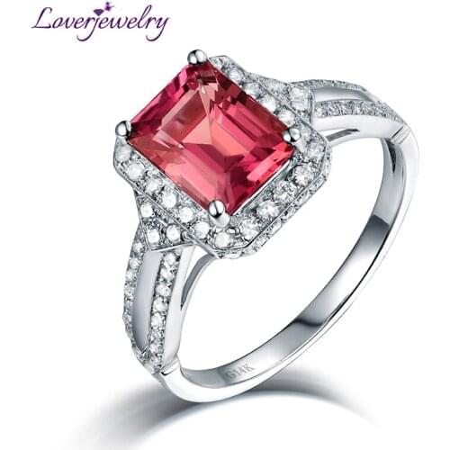 LOVERJEWELRY Tourmaline Jewelry Pure 14Kt White Gold Pink Tourmaline Diamonds Women Rings For Mother Christmas Gift