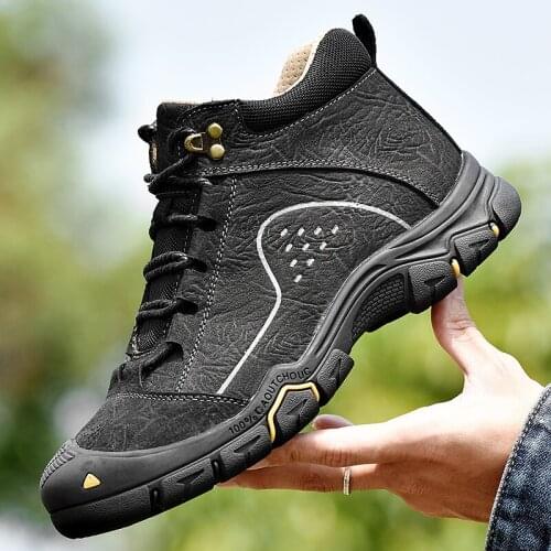 Genuine Leather Men Boots Adult High Quality Mens Shoes Casual Luxury Outdoor Warm Plush Ankle Snow Shoes Winter Hiking Boots