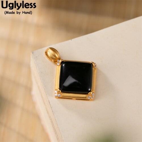 Uglyless Rhombus Square Jade Pendants Necklaces for Women Dark Green as Black Gemstones Necklaces NO Chains 925 Silver Jewelry