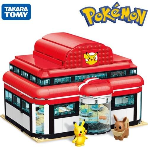 Pokemon Cartoon Anime Pokémon Center House Pikachu Building Blocks Bricks Sets Classic Movie Model Kids Toys For Children Gift